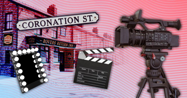 Coronation Street comp featuring a clapperboard, camera, mirror and signpost over the Rovers Return