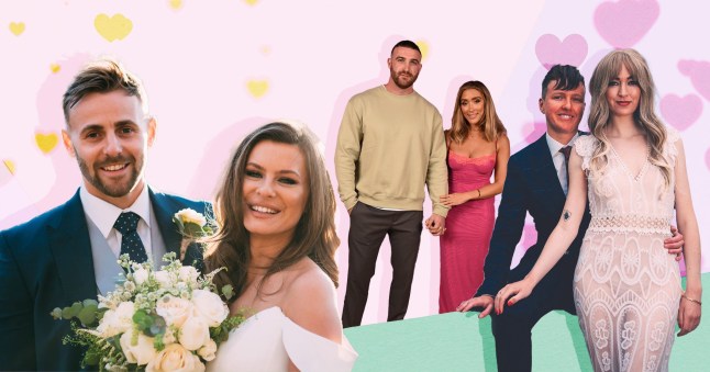 Adam and Tayah, and Jenna and Zoe in wedding attire for Married At First Sight UK, with Matt and Shona in regular clothing. All three couples are smiling