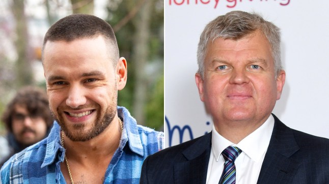 A composite image of Liam Payne smiling in a blue checked top and Adrian Chiles in a suit