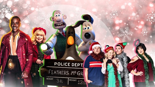 A collage of shows on the Christmas TV 2024 schedule, including Doctor Who, Wallace and Gromit and Gavin and Stacey