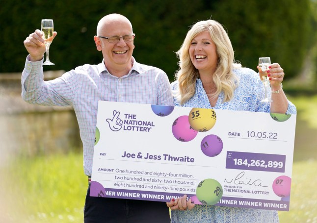 Joe Thwaite, 49, and Jess Thwaite, 46, from Gloucestershire celebrate after winning the record-breaking EuroMillions jackpot of ?184M from the draw on Tuesday 10 May, 2022, at the Ellenborough Park Hotel, in Cheltenham, Gloucestershire. Picture date: Thursday May 19, 2022. PA Photo. See PA story LOTTERY EuroMillions . Photo credit should read: Andrew Matthews/PA Wire