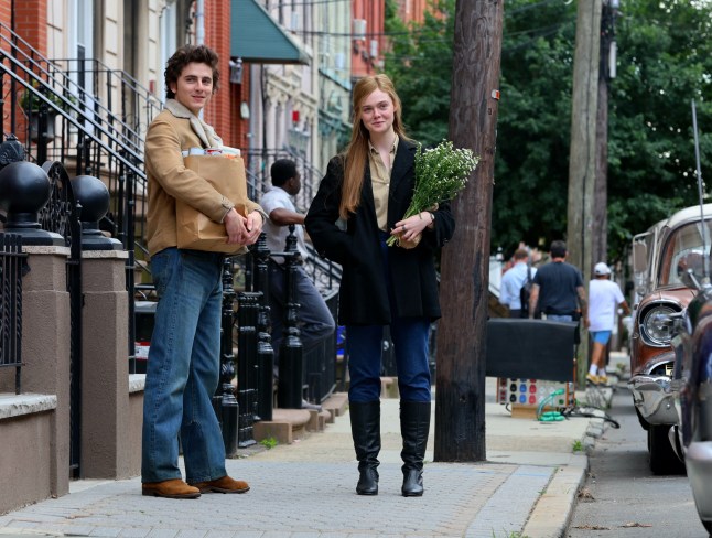 HOBOKEN, NJ - JUNE 11: Timothee Chalamet and Elle Fanning are seen on the set of "A Complete Unknown" on June 11, 2024 in Hoboken, New Jersey. (Photo by Jose Perez/Bauer-Griffin/GC Images)