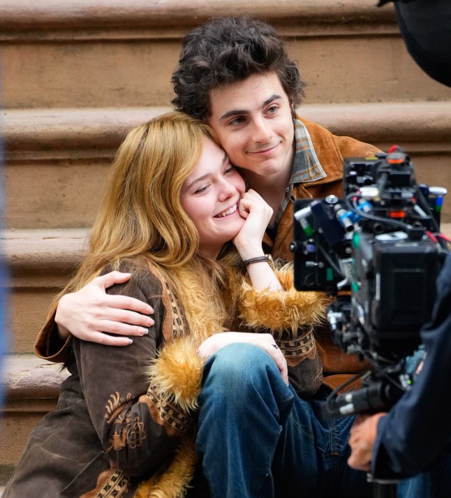 HOBOKEN, NEW JERSEY - JUNE 11: Elle Fanning and Timothee Chalamet are seen on location for 'A Complete Unknown' on June 11, 2024 in Hoboken, New Jersey. (Photo by Gotham/GC Images)