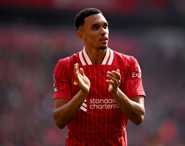 LIVERPOOL, ENGLAND - SEPTEMBER 21: (THE SUN OUT, THE SUN ON SUNDAY OUT) Trent Alexander-Arnold of Liverpool showing his appreciation to the fans during the Premier League match between Liverpool FC and AFC Bournemouth at Anfield on September 21, 2024 in Liverpool, England. (Photo by Andrew Powell/Liverpool FC via Getty Images)