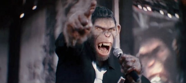 A still of Robbie Williams as a monkey in Better Man