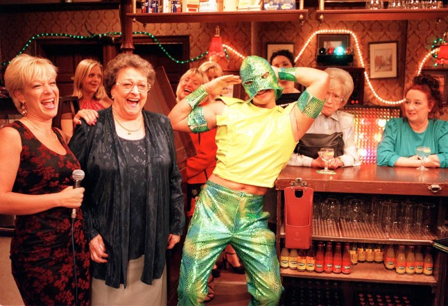 Mandatory Credit: Photo by ITV/REX/Shutterstock (1407488h) Coronation Street: Friday 30 June 2000 A stripper entertains the girls in the Rovers. Picture shows Natalie Barnes [Denise Welch], Betty Williams [Betty Driver] and Sam Kingston [Scott Wright] as the stripper while Blanche Hunt [Maggie Jones] looks on in horror 'The Betty Driver Story' TV Programme. 2000's THE BETTY DRIVER STORY Betty Turpin has been serving her legendary hotpot in the Rovers Return for over 40 years and this hour-long special tells her incredible life story. Narrated by Sir Ian McKellen, The Betty Driver Story looks at her life before and during Coronation Street, as a singer, a variety star, a leading lady and a television actress.