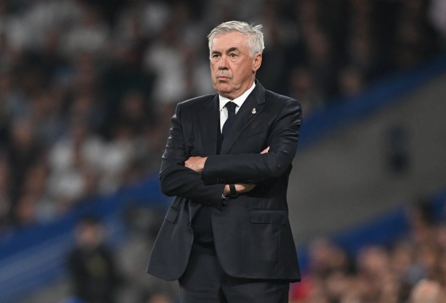 MADRID, SPAIN - NOVEMBER 05: Carlo Ancelotti, Head Coach of Real Madrid, looks on during the UEFA Champions League 2024/25 League Phase MD4 match between Real Madrid C.F. and AC Milan at Estadio Santiago Bernabeu on November 05, 2024 in Madrid, Spain. (Photo by Michael Regan - UEFA/UEFA via Getty Images)