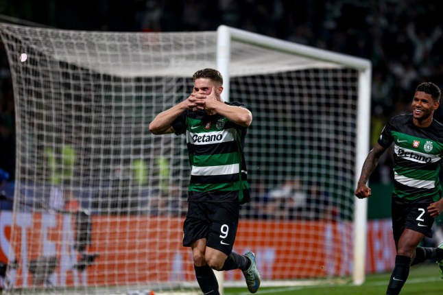 Mandatory Credit: Photo by Valter Gouveia/SPP/Shutterstock (14869591ba) Viktor Gyokeres forward of Sporting CP celebrates after scoring a goal during the UEFA Champions League 2024/25 League Phase MD4 match between Sporting Clube de Portugal and Manchester City at Estadio Jose Alvalade on November 05, 2024 in Lisbon, Portugal. UEFA Champions League - Sporting CP vs Manchester City (Valter Gouveia/SPP) UEFA Champions League - Sporting CP vs Manchester City, Lisbon, Portugal - 05 Nov 2024