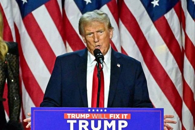 Former US President and Republican presidential candidate Donald Trump speaks during an election night event at the West Palm Beach Convention Center in West Palm Beach, Florida, on November 6, 2024. Republican former president Donald Trump closed in on a new term in the White House early November 6, 2024, just needing a handful of electoral votes to defeat Democratic Vice President Kamala Harris. (Photo by Jim WATSON / AFP) (Photo by JIM WATSON/AFP via Getty Images) 14047587