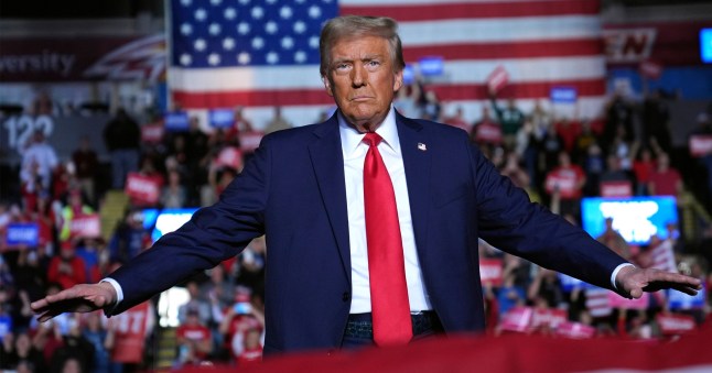 Republican presidential nominee former President Donald Trump arrives at a campaign rally at Santander Arena, Monday, Nov. 4, 2024, in Reading, Pa. (AP Photo/Evan Vucci)