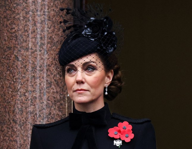 Britain's Catherine, Princess of Wales, attends the Remembrance Sunday ceremony at the Cenotaph on Whitehall in central London, on November 10, 2024. Remembrance Sunday is an annual commemoration held on the closest Sunday to Armistice Day, November 11, the anniversary of the end of the First World War and services across Commonwealth countries remember servicemen and women who have fallen in the line of duty since WWI. (Photo by Toby Melville / POOL / AFP) (Photo by TOBY MELVILLE/POOL/AFP via Getty Images)