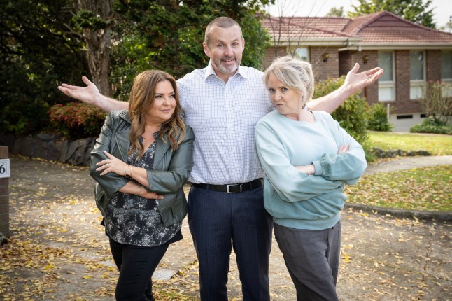 Toadie Rebecchi stood between his wives Terese Willis and Melanie Pearson in Neighbours