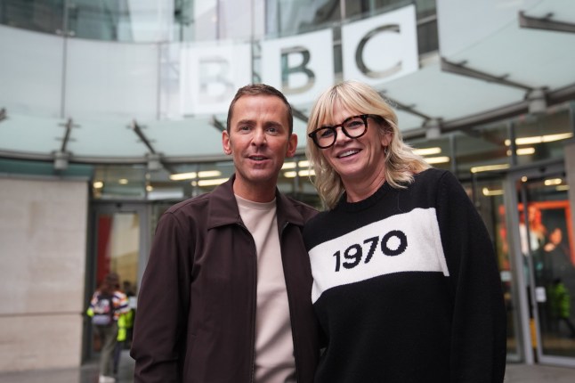 BBC Radio 2 presenters Zoe Ball and Scott Mills leaving Wogan House in central London after Zoe announced she is stepping down from the BBC Radio 2 breakfast show after six years and handing the reigns over to her friend Scott. Picture date: Tuesday November 19, 2024. PA Photo. See PA story SHOWBIZ Ball. Photo credit should read: James Manning/PA Wire