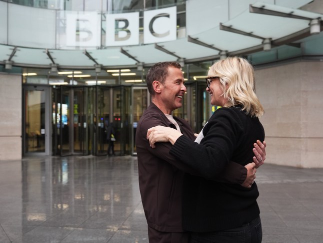 BBC Radio 2 presenters Zoe Ball and Scott Mills leaving Wogan House in central London after Zoe announced she is stepping down from the BBC Radio 2 breakfast show after six years and handing the reigns over to her friend Scott. Picture date: Tuesday November 19, 2024. PA Photo. See PA story SHOWBIZ Ball. Photo credit should read: James Manning/PA Wire