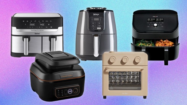 Five air fryers with pre-Black Friday discounts arranged on a purple and blue background