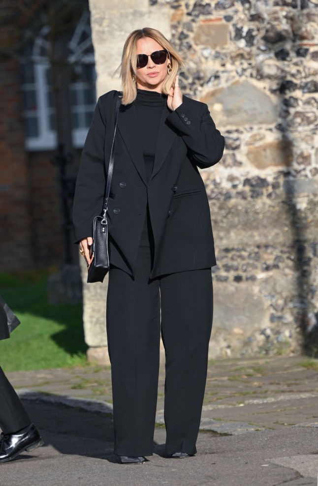 AMERSHAM, ENGLAND - NOVEMBER 20: Kimberley Walsh attends the funeral for singer Liam Payne, former member of One Direction, on November 20, 2024 in Amersham, England. Former One Direction star Liam Payne's private funeral in Amersham has been widely anticipated to draw celebrities and fans alike, wishing to pay their final respects. The singer died after falling from a hotel balcony in Buenos Aires on October 16. (Photo by Karwai Tang/WireImage)