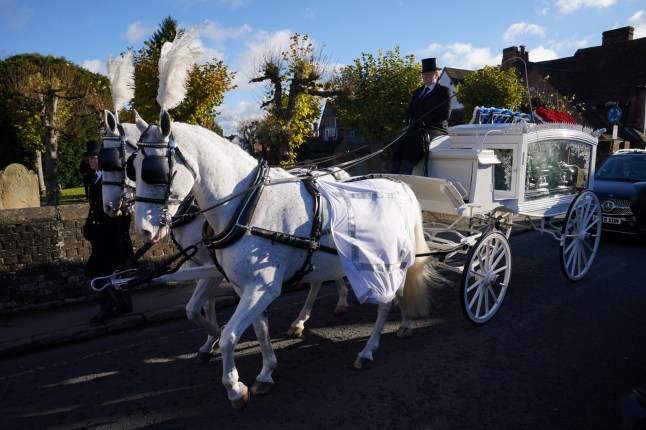 A horse-drawn carriage carrying the coffin of Liam Payne arrives for the funeral service of the One Direction singer at St Mary's Church in Amersham, Buckinghamshire. Picture date: Wednesday November 20, 2024. PA Photo. The singer died after falling from a third-floor balcony of the Casa Sur Hotel in Buenos Aires last month, at the age of 31. See PA story FUNERAL Payne. Photo credit should read: Jonathan Brady/PA Wire