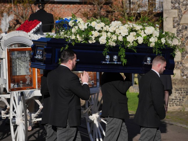 Pallbearers carry the coffin into the funeral service of One Direction singer Liam Payne at St Mary's Church in Amersham, Buckinghamshire. Picture date: Wednesday November 20, 2024. PA Photo. The singer died after falling from a third-floor balcony of the Casa Sur Hotel in Buenos Aires last month, at the age of 31. See PA story FUNERAL Payne. Photo credit should read: Jonathan Brady/PA Wire