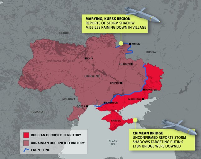 METRO GRAPHICS map of Ukraine and Russia showing locations of reported storm shadow missile strikes. 20.11.24 (Picture: Metro.co.uk)