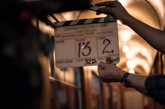 A clapperboard used for the filming of a Coronation Street trailer