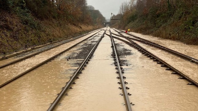 A stretch of flooded track in Ulverston, Cumbria.