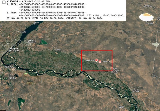 Russia issued a NOTAM (a notice to airmen) restricting airspace over Kapustin Yar, a key missile testing site linked to the recent launch of Putin's new 'unstoppable' Oreshnik ballistic missile system, closing two zones from ground to unlimited altitude between 0400 UTC on 27 November and 2000 UTC on 30 November 2024