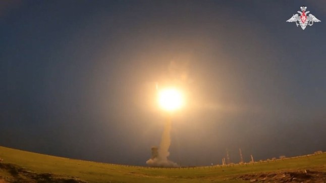 ASTRAKHAN, RUSSIA - APRIL 12: (----EDITORIAL USE ONLY MANDATORY CREDIT - 'RUSSIAN DEFENSE MINISTRY / HANDOUT' - NO MARKETING NO ADVERTISING CAMPAIGNS - DISTRIBUTED AS A SERVICE TO CLIENTS----) A screen grab captured from the video shows a test-launch of an intercontinental ballistic missile at the Kapustin Yar training ground in Russia's southern Astrakhan region near the Caspian Sea, where the missile was launched from a movable ground missile launch vehicle, the Defense Ministry said in a statement in Astrakhan, Russia on April 12, 2024. According to the ministry, 'the launch tasks have been completed in full.'The test took place as the Russia-Ukraine war is into its third year, with the fear of the use of nuclear weapons occasionally being raised as in issue. (Photo by Russian Defense Ministry/Anadolu via Getty Images)