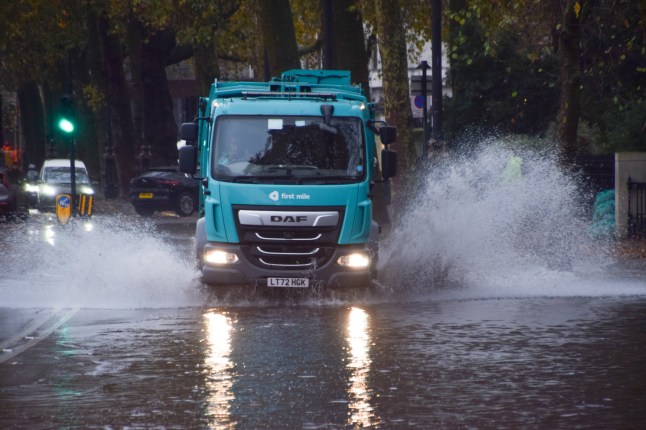 Mandatory Credit: Photo by Vuk Valcic/ZUMA Press Wire/Shutterstock (14948146o) A truck splashes through a waterlogged Victoria Embankment as Storm Conall, the third storm of the season, brings heavy rain and flooding to parts of England. Storm Conall brings heavy rain and flooding to England, London, Uk - 27 Nov 2024