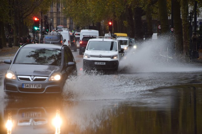 Mandatory Credit: Photo by Vuk Valcic/ZUMA Press Wire/Shutterstock (14948146r) Cars splash through a waterlogged Victoria Embankment as Storm Conall, the third storm of the season, brings heavy rain and flooding to parts of England. Storm Conall brings heavy rain and flooding to England, London, Uk - 27 Nov 2024