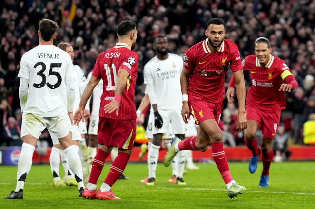 Liverpool's Cody Gakpo celebrates after scoring his side's second goal during the Champions League opening phase soccer match between Liverpool and Real Madrid at Anfield Stadium, Liverpool, England, Wednesday, Nov. 27, 2024. (AP Photo/Jon Super)