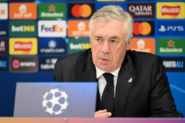 LIVERPOOL, ENGLAND - NOVEMBER 27: Carlo Ancelotti, Head Coach of Real Madrid, speaks to the media in a post match press conference after the UEFA Champions League 2024/25 League Phase MD5 match between Liverpool FC and Real Madrid C.F. at Anfield on November 27, 2024 in Liverpool, England. (Photo by Michael Regan - UEFA/UEFA via Getty Images)