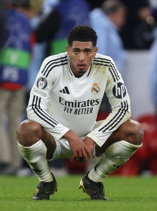 LIVERPOOL, ENGLAND - NOVEMBER 27: Jude Bellingham of Real Madrid reacts during the UEFA Champions League 2024/25 League Phase MD5 match between Liverpool FC and Real Madrid C.F. at Anfield on November 27, 2024 in Liverpool, England. (Photo by Crystal Pix/MB Media/Getty Images)