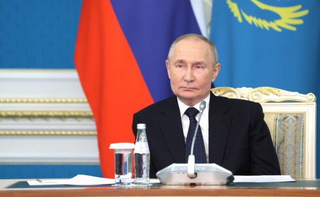 Mandatory Credit: Photo by Gavriil Grigorov/Kremlin Pool/Planet Pix via ZUMA Press Wire/Shutterstock (14953244d) Russian President Vladimir Putin, listens during a remote ceremony to open a branch of the Al-Farabi Kazakh National University at Omsk State University from the Akorda presidential residence, November 27, 2024 in Astana, Kazakhstan. Russian President Putin Bilateral Meeting with Kazakhstan President Kassym-Jomart Tokayev, Astana - 27 Nov 2024