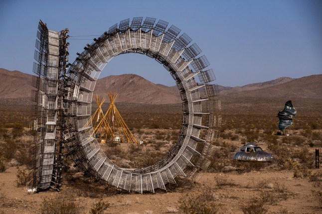 ATTENTION: This Image is part of a PHOTO SET Mandatory Credit: Photo by ETIENNE LAURENT/EPA-EFE/REX/Shutterstock (12918269w) Remains if an art installation in Nipton, California, USA, 29 April 2022. Stuck between a railroad and the Mojave desert, the small town of Nipton, located at the border between California and Nevada, has been sold again, this time to a group from Las Vegas for 2.75 million US dollars. The first time the town was sold for five million dollars in 2017 to a large cannabis company who tried to rebrand it as Magical Nipton, a cannabis retreat. As the company planned to turn Nipton into a cannabis retreat, it spent on infrastructures, installing eco-friendly cabins, tipis and art installations as well as restoring the town's historic structures. However, the project did not come to term and Nipton went back to its previous owner Roxanne Lang. California desert town of Nipton sold again after cannabis retreat project failure, USA - 29 Apr 2022