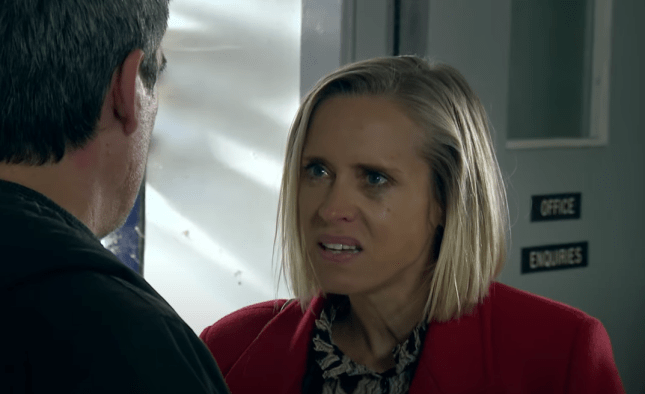 Ruby Fox-Miligan looks scathingly at Cain Dingle in Emmerdale