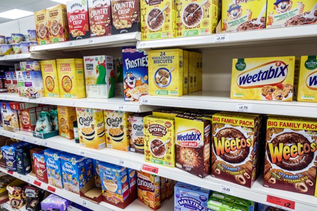 London, Sainsburys convenience store, breakfast cereal aisle