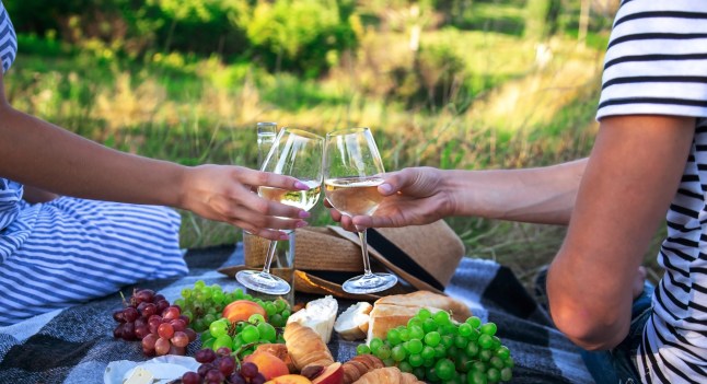 couple in love drinking white wine on a picnic. Selective focus.