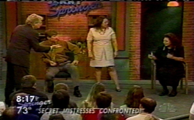 Death on the Jerry Springer show 24 hrs after this show aired Nancy Campbell-Panitz (dark dress) was dead and her former husband Ralf Jurgen-Panitz and his new wife Elinor Marie sought in connection with her murder. SPLASH Ref: KS 260700 video grab