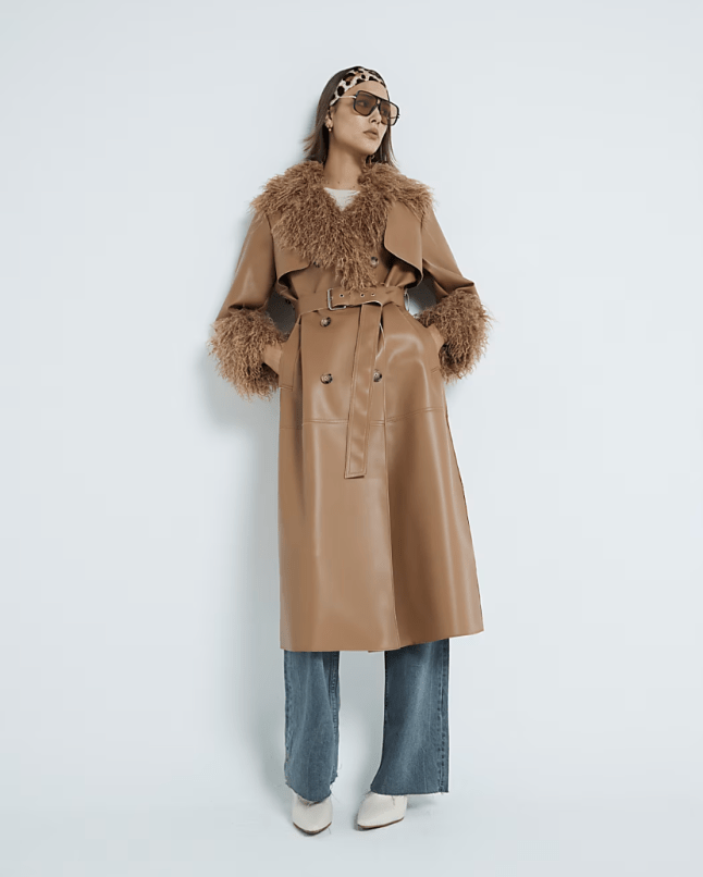 Image of model wearing Brown Faux Fur Trim Faux Leather Trench Coat from River Island