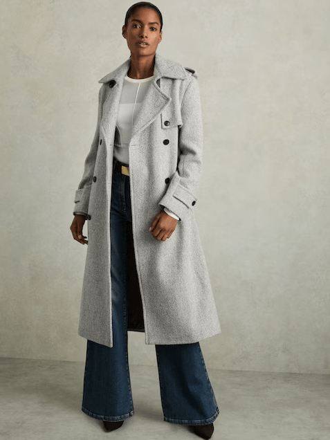 Image of model wearing Reiss Alba Check Trench Coat