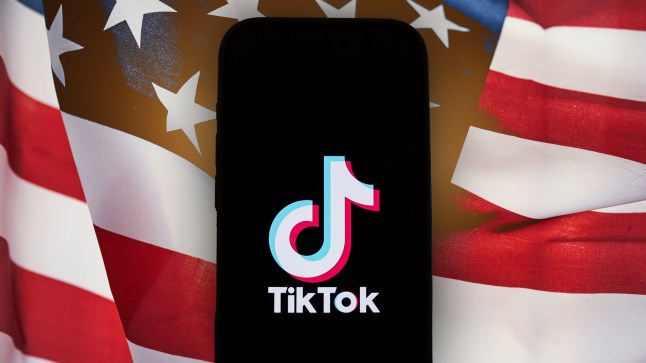 Phone screen showing TikTok logo in front of American flag