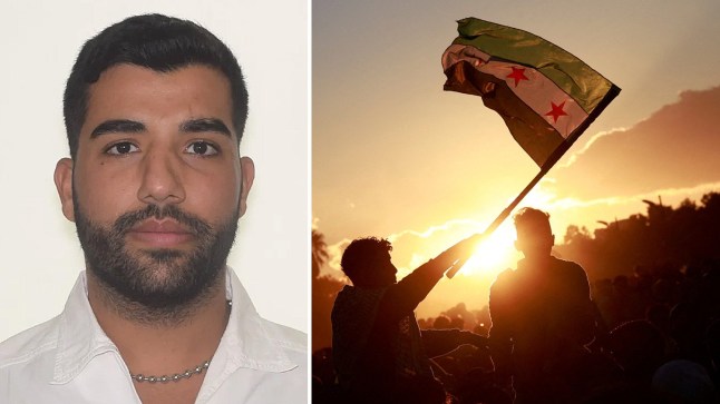 Francois Zankih (left) is seen standing solemnly and looking into the camera wearing a white shirt. On the right, Syrian rebels are seen waving the flag of the nation in a dusk-filled sky