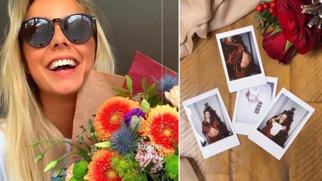 Sacha Parkinson smiling with a bunch of flowers next to polaroids of her pregnancy announcement