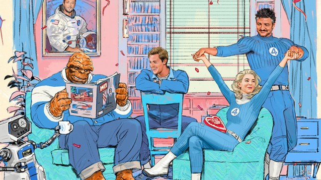 A 60s-style drawing of Ebon Moss-Bachrach, Joseph Quinn, Vanessa Kirby and Pedro Pascal as the Fantastic Four in matching blue suits relaxing in a living room