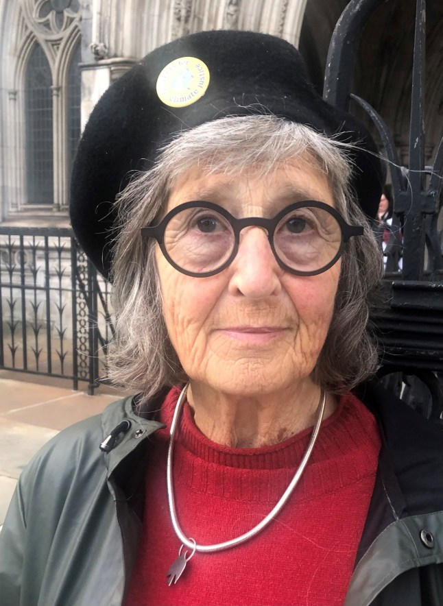 Retired teacher Gaie Delap, of Bristol, outside the Royal Courts of Justice in central London where she told a High Court judge why she climbed on to a motorway gantry to take part in a Just Stop Oil protest. Ms Delap is one of 12 Stop Oil protesters accused of breaching an injunction aimed at restricting protest on the M25 and causing "the maximum disruption possible to the general public". Picture date: Tuesday October 24, 2023. PA Photo. See PA story COURTS M25. Photo credit should read: Brian Farmer/PA Wire