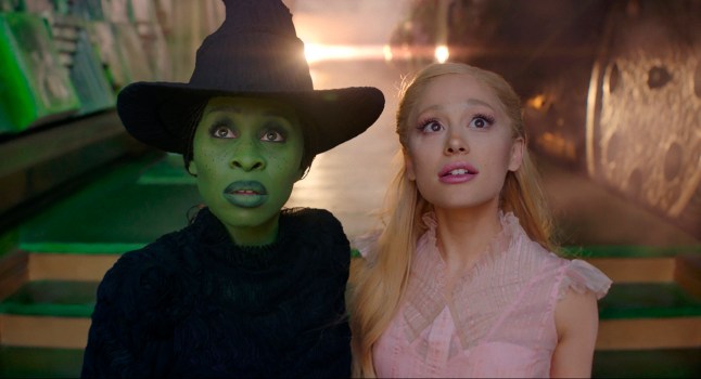 A still of Ariana Grande and Cynthia Erivo as Glinda and Elphaba in Wicked