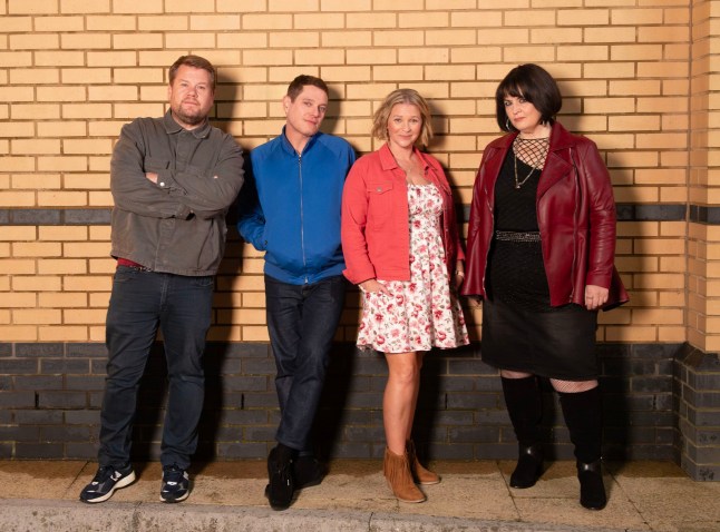 The Gavin and Stacey cast standing against a brick wall