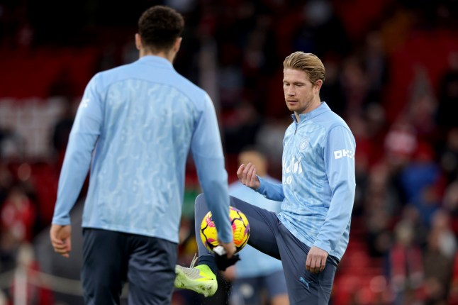 Manchester City's Kevin De Bruyne kicks a ball during warmup before the English Premier League soccer match between Liverpool and Manchester City at Anfield Stadium, Liverpool, England, Sunday Dec. 1, 2024. (AP Photo/Ian Hodgson)