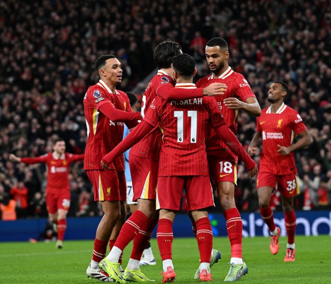 LIVERPOOL, ENGLAND - DECEMBER 01: (THE SUN OUT, THE SUN ON SUNDAY OUT) Cody Gakpo of Liverpool celebrating after scoring the opening goal during the Premier League match between Liverpool FC and Manchester City FC at Anfield on December 01, 2024 in Liverpool, England. (Photo by John Powell/Liverpool FC via Getty Images)