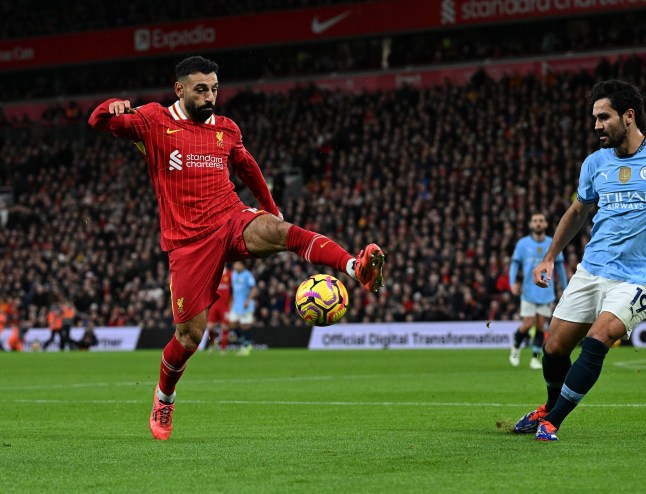 LIVERPOOL, ENGLAND - DECEMBER 01: (THE SUN OUT, THE SUN ON SUNDAY OUT) Mohamed Salah of Liverpool in action during the Premier League match between Liverpool FC and Manchester City FC at Anfield on December 01, 2024 in Liverpool, England. (Photo by John Powell/Liverpool FC via Getty Images)